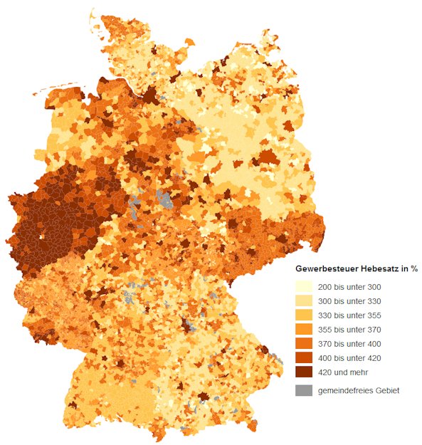 Verteilung der Höhe der Gewerbesteuerhebesätze nach Gemeinden