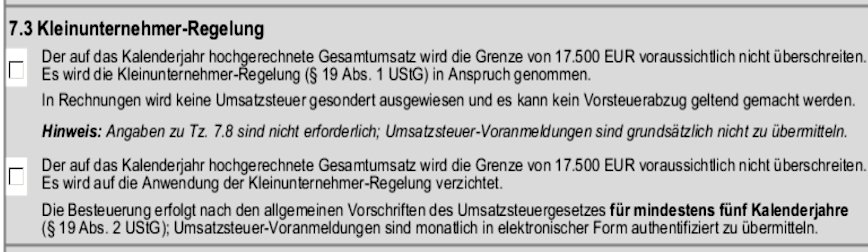 Die Kleinunternehmerregelung im Fragebogen zur steuerlichen Erfassung