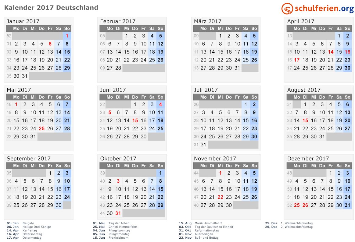 Die Tage, Wochen und Monate im Überblick: der Kalender 2017