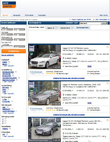 Treffer der Suchergebnisse bei der Gebrauchtwagen Suche auf Autoscout24