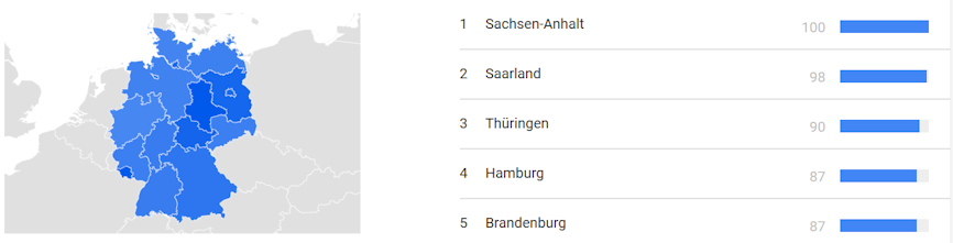 Google Trends zeigt auch wie das Suchinteresse regional variiert