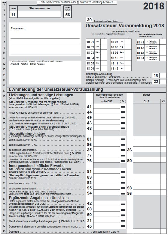 Formular zur Umsatzsteuervoranmeldung 2018 Seite 1. Hier werden die steuerpflichtigen Umsätze eingetragen