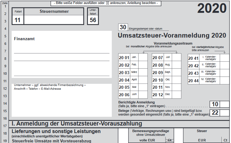 Umsatzssteuervoranmeldung 2020 - Formular aus Elster